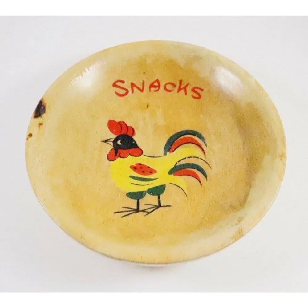 VTG Nevco Wood Rooster Snack Bowl Hand Painted No Handle Primitive Country Japan
